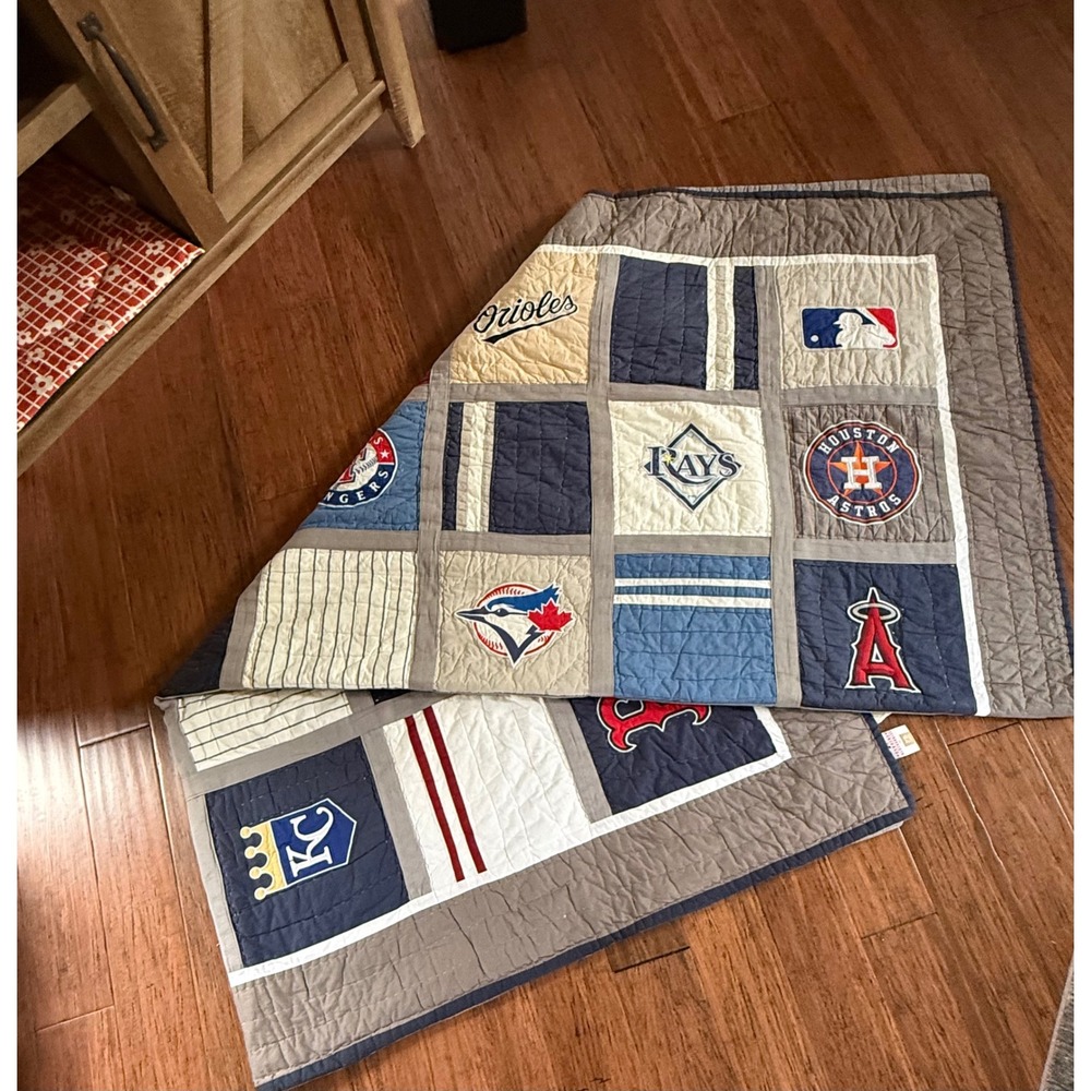 PBteen MLB American League Patchwork Quilt Baseball Bedding Grey Blue Red